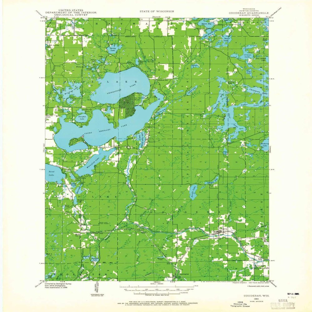 YellowMaps Couderay WI topo map, 1:48000 Scale, 15 X 15 Minute, Historical, 1944, Updated 1965, 27.03 x 22.21 in - Tyvek