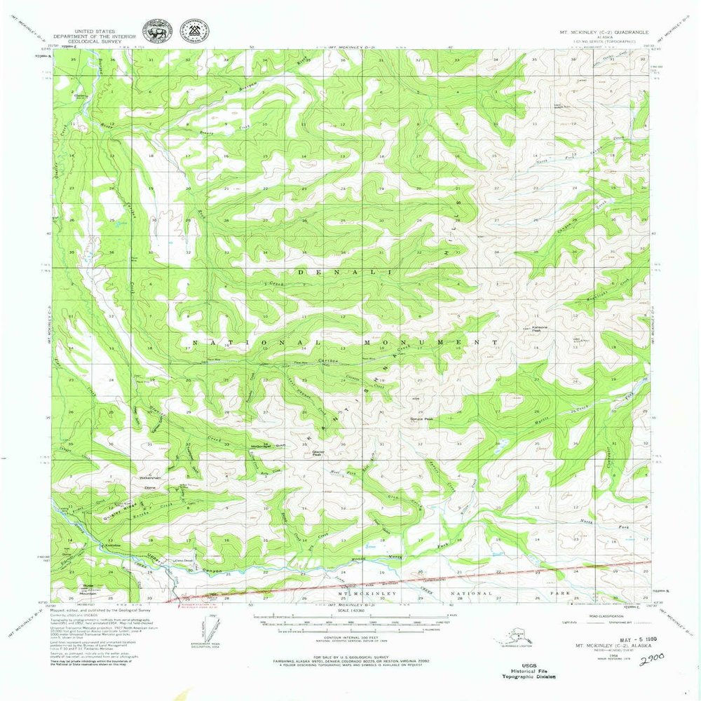 YellowMaps Mount McKinley C 2 AK topo map, 1:63360 Scale, 15 X 15 Minute, Historical, 1954, Updated 1980, 21.9 x 18.1 in - Tyvek