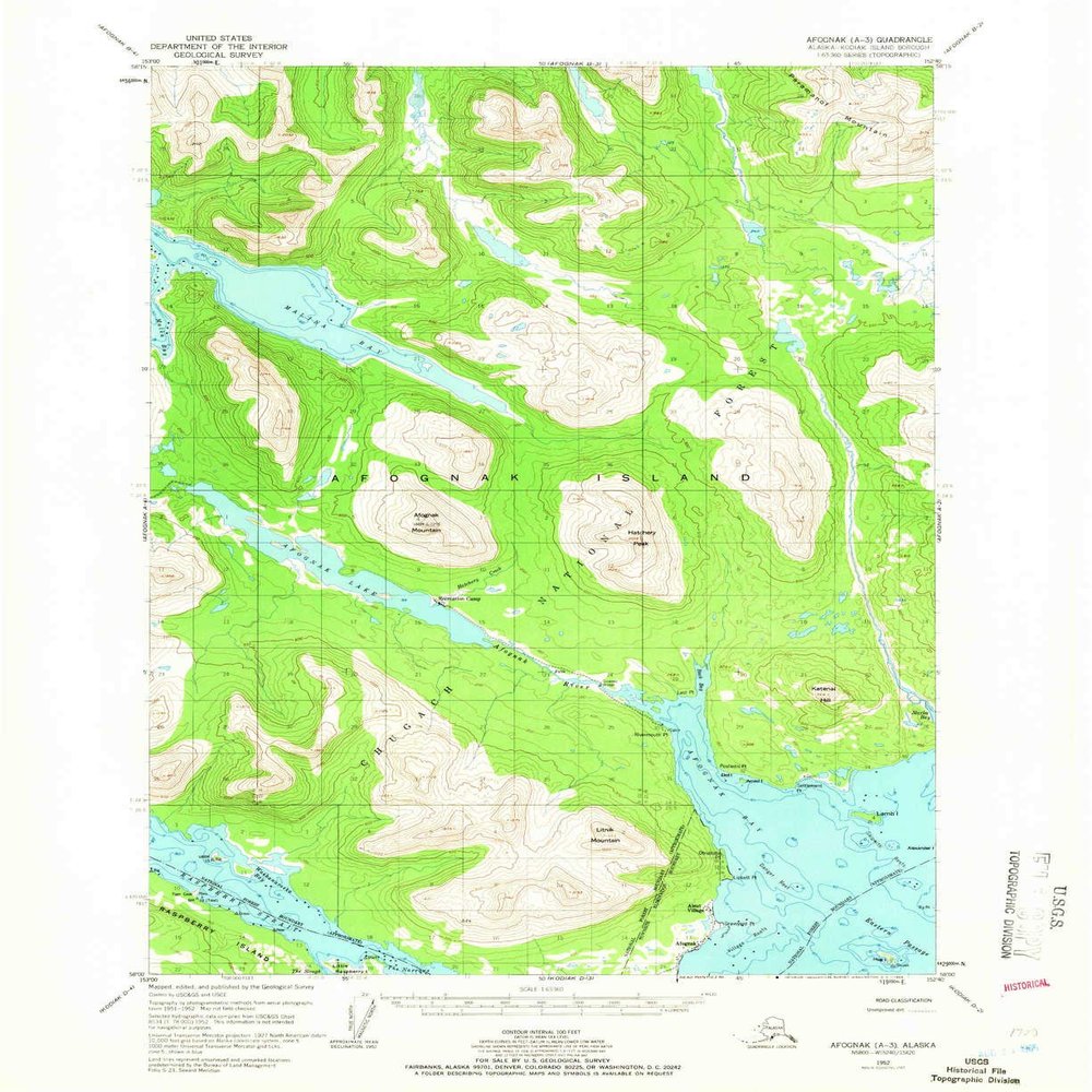 YellowMaps Afognak A 3 AK topo map, 1:63360 Scale, 15 X 15 Minute, Historical, 1952, Updated 1966, 20.8 x 17 in - Polypropylene