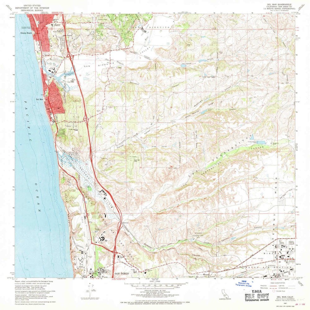 YellowMaps Del Mar CA topo map, 1:24000 Scale, 7.5 X 7.5 Minute, Historical, 1967, Updated 1970, 26.7 x 26.9 in - Polypropylene