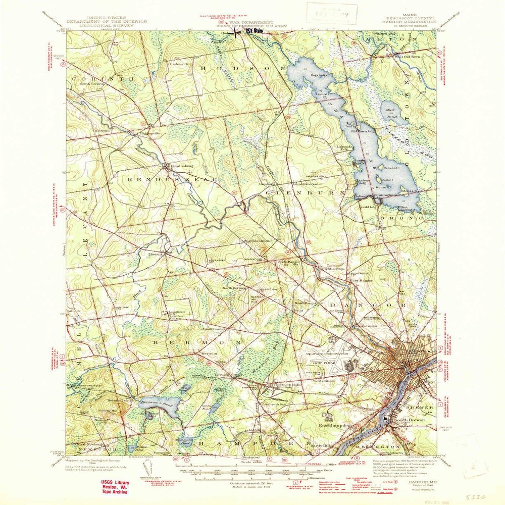 YellowMaps Bangor ME topo map, 1:62500 Scale, 15 X 15 Minute, Historical, 1946, 20.8 x 17 in - Polypropylene