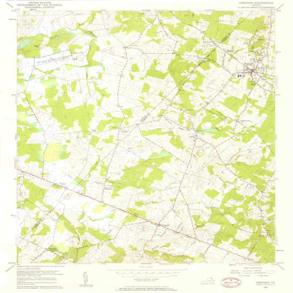 YellowMaps Herndon VA topo map, 1:24000 Scale, 7.5 X 7.5 Minute, Historical, 1956, Updated 1958, 26.46 x 20.19 in - Tyvek