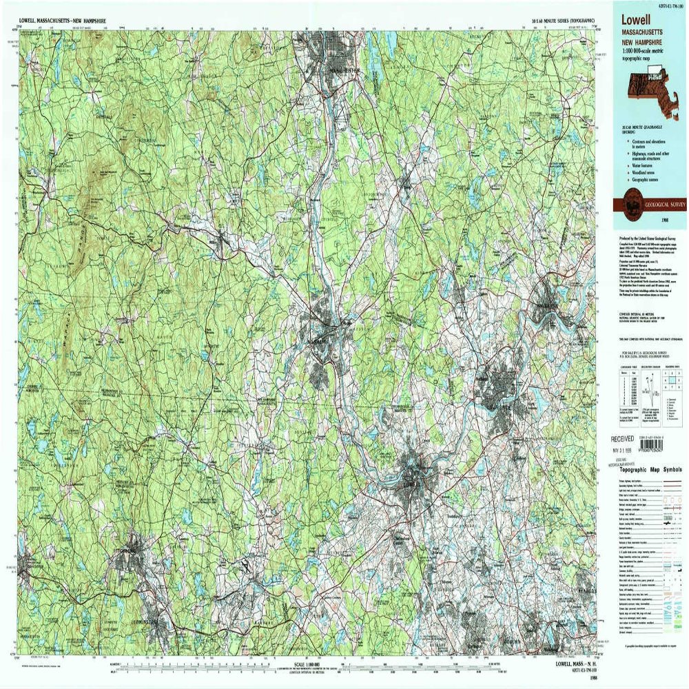 Lowell MA topo map, 1:100000 Scale, 30 X 60 Minute, Historical, 1988, Updated 1988, 24.1 x 38.4 in - Polypropylene