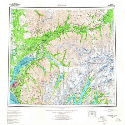 YellowMaps Anchorage AK topo map, 1:250000 Scale, 1 X 3 Degree, Historical, 1962, Updated 1966, 23.2 x 30.4 in - Tyvek