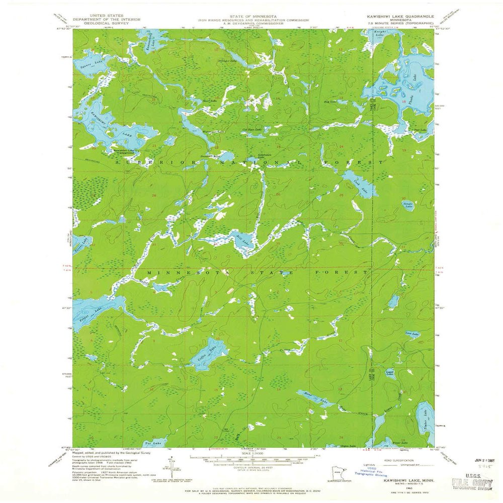 YellowMaps Kawishiwi Lake MN topo map, 1:24000 Scale, 7.5 X 7.5 Minute, Historical, 1960, Updated 1965, 27.4 x 21.38 in - Polypropylene