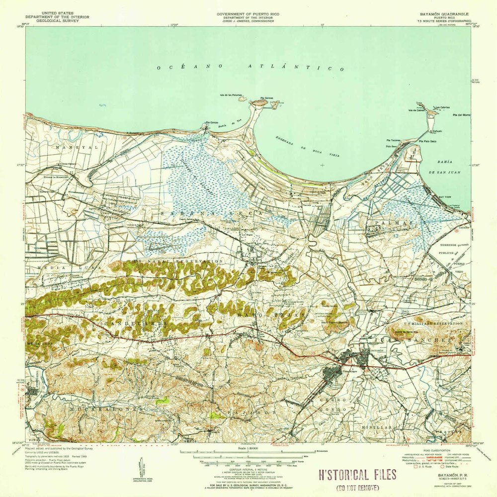 YellowMaps Bayamon PR topo map, 1:30000 Scale, 7.5 X 7.5 Minute, Historical, 1947, Updated 1952, 21.7 x 19.3 in - Polypropylene