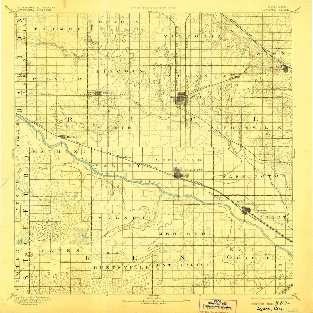 YellowMaps Lyons KS topo map, 1:125000 Scale, 30 X 30 Minute, Historical, 1894, Updated 1906, 19.44 x 15.54 in - Polypropylene
