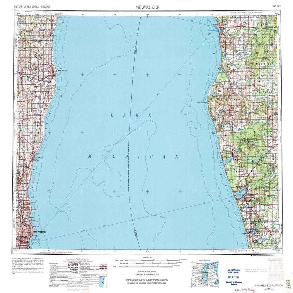 YellowMaps Milwaukee WI topo map, 1:250000 Scale, 1 X 2 Degree, Historical, 1954, Updated 1974, 21.94 x 28.61 in - Tyvek
