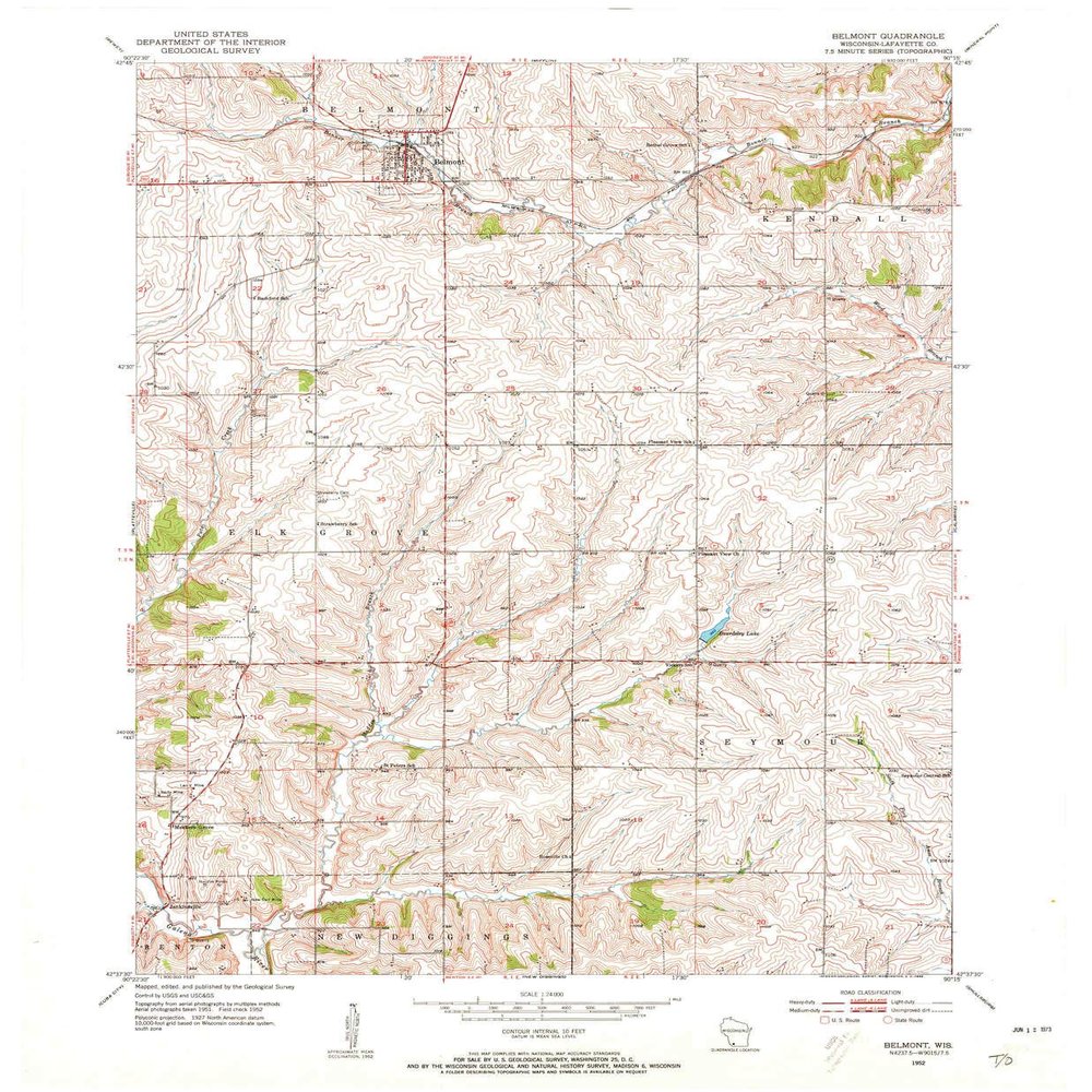 YellowMaps Belmont WI topo map, 1:24000 Scale, 7.5 X 7.5 Minute, Historical, 1952, Updated 1954, 27.29 x 22.5 in - Tyvek