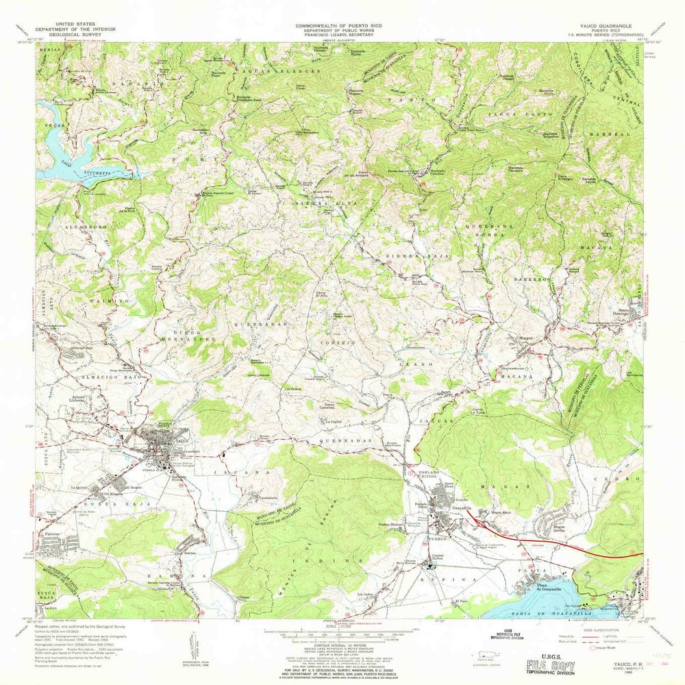 Yauco PR topo map, 1:20000 Scale, 7.5 X 7.5 Minute, Historical, 1966, Updated 1968, 32.4 x 29.4 in - Polypropylene