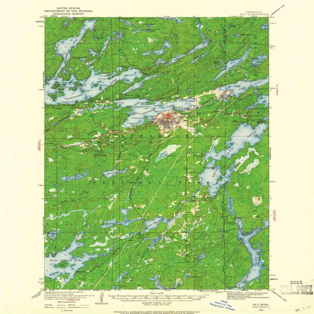YellowMaps Ely MN topo map, 1:62500 Scale, 15 X 15 Minute, Historical, 1933, Updated 1961, 27.23 x 21.53 in - Polypropylene