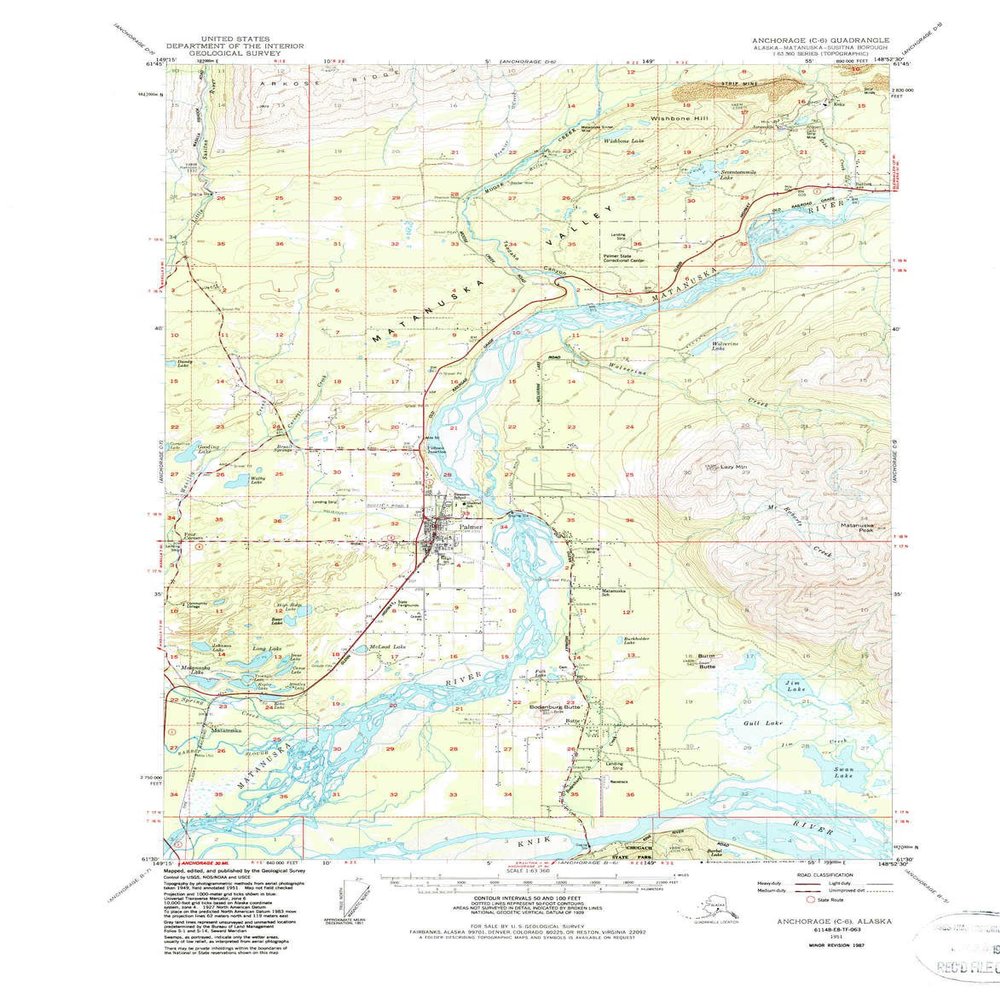 YellowMaps Anchorage C 6 AK topo map, 1:63360 Scale, 15 X 15 Minute, Historical, 1951, Updated 1987, 21.8 x 17 in - Tyvek