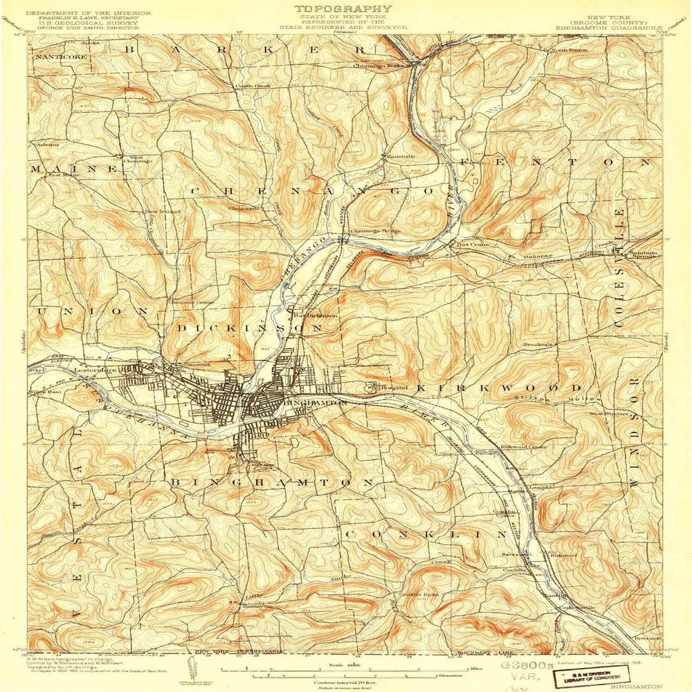 YellowMaps Binghamton NY topo map, 1:62500 Scale, 15 X 15 Minute, Historical, 1904, Updated 1918, 19.66 x 14.19 in - Polypropylene