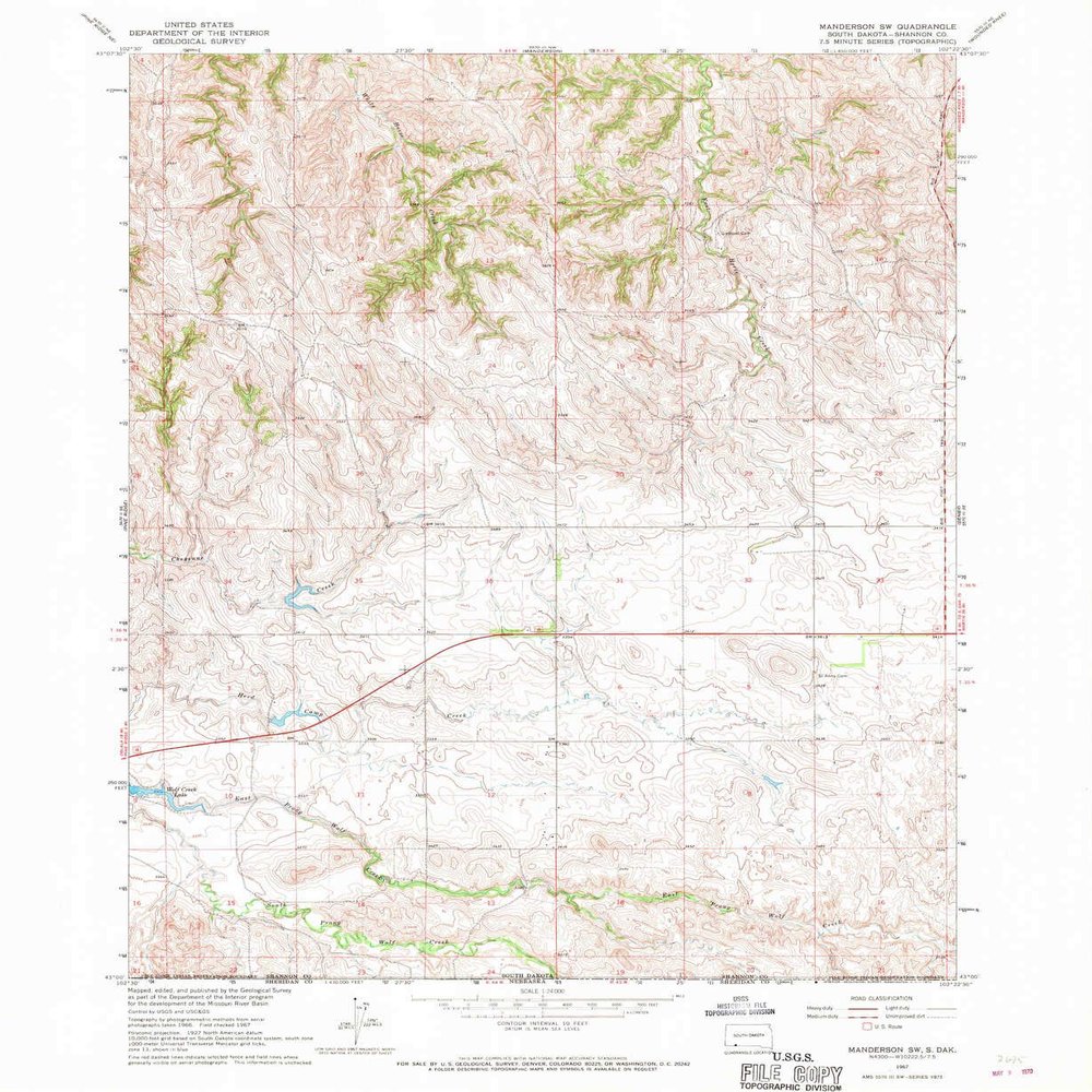 YellowMaps Manderson SW SD topo map, 1:24000 Scale, 7.5 X 7.5 Minute, Historical, 1967, Updated 1970, 26.9 x 22.1 in - Polypropylene