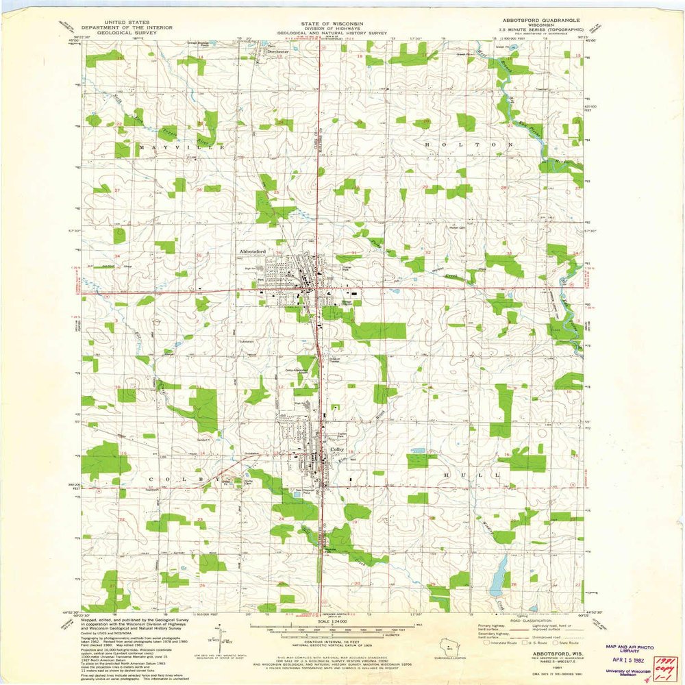YellowMaps Abbotsford WI topo map, 1:24000 Scale, 7.5 X 7.5 Minute, Historical, 1981, Updated 1982, 27.29 x 22.08 in - Polypropylene