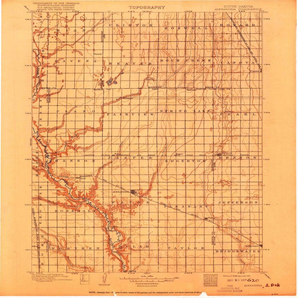 YellowMaps Alexandria SD topo map, 1:125000 Scale, 30 X 30 Minute, Historical, 1899, Updated 1917, 20 x 16.5 in - Polypropylene