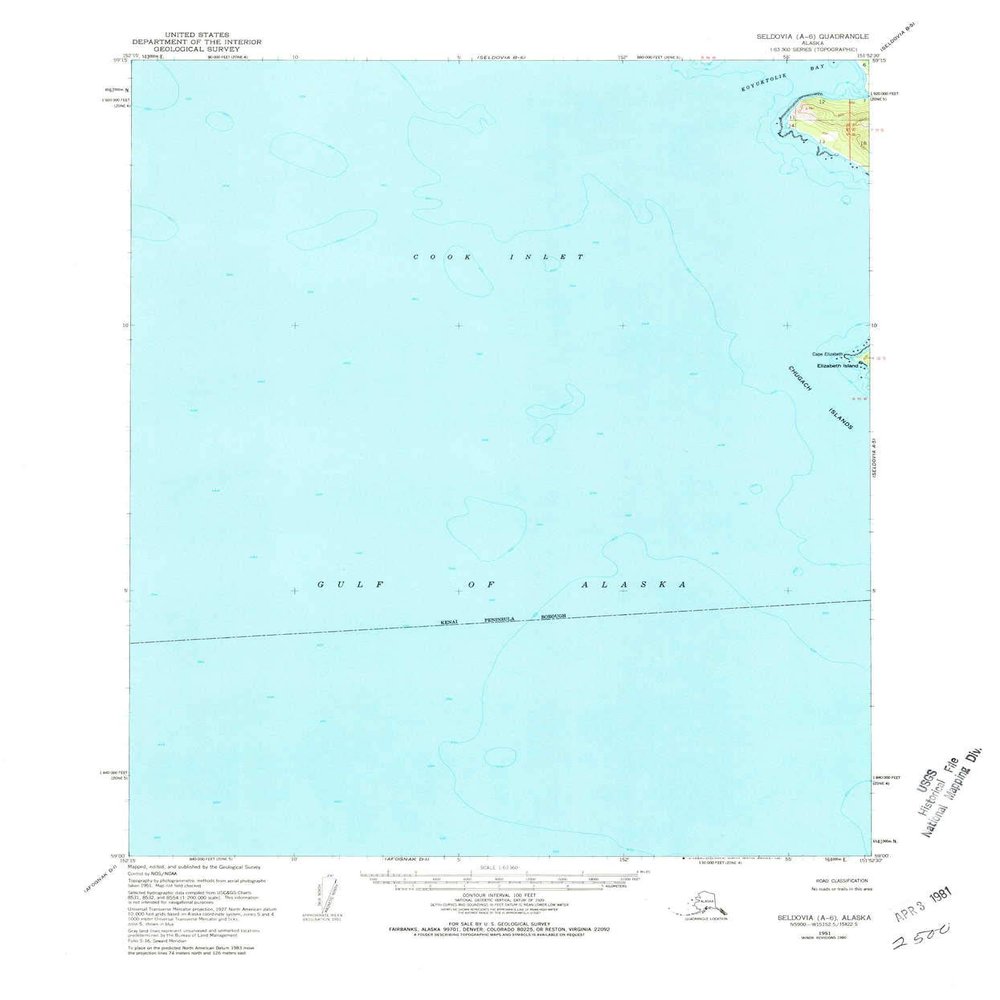 Seldovia A 6 AK topo map, 1:63360 Scale, 15 X 15 Minute, Historical, 1951, Updated 1981, 21.7 x 18 in - Tyvek