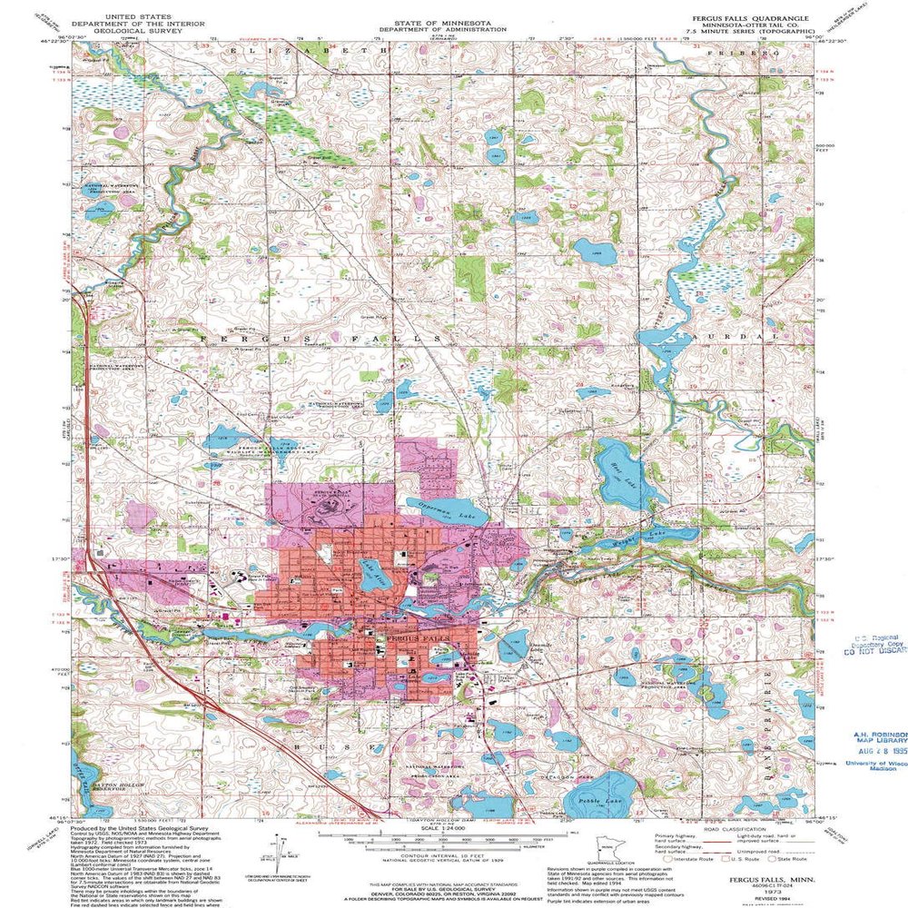 YellowMaps Fergus Falls MN topo map, 1:24000 Scale, 7.5 X 7.5 Minute, Historical, 1973, Updated 1995, 27.23 x 21.53 in - Tyvek