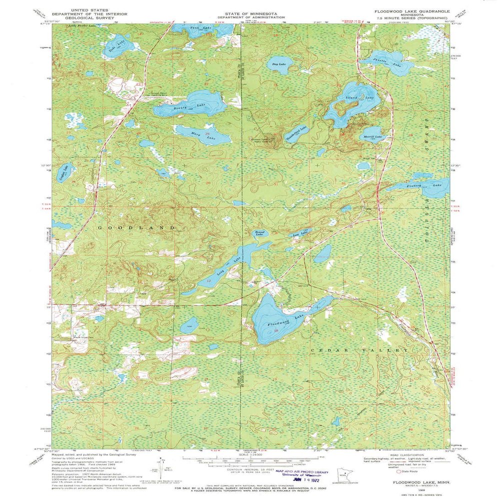 YellowMaps Floodwood Lake MN topo map, 1:24000 Scale, 7.5 X 7.5 Minute, Historical, 1969, Updated 1972, 27.23 x 21.53 in - Polypropylene