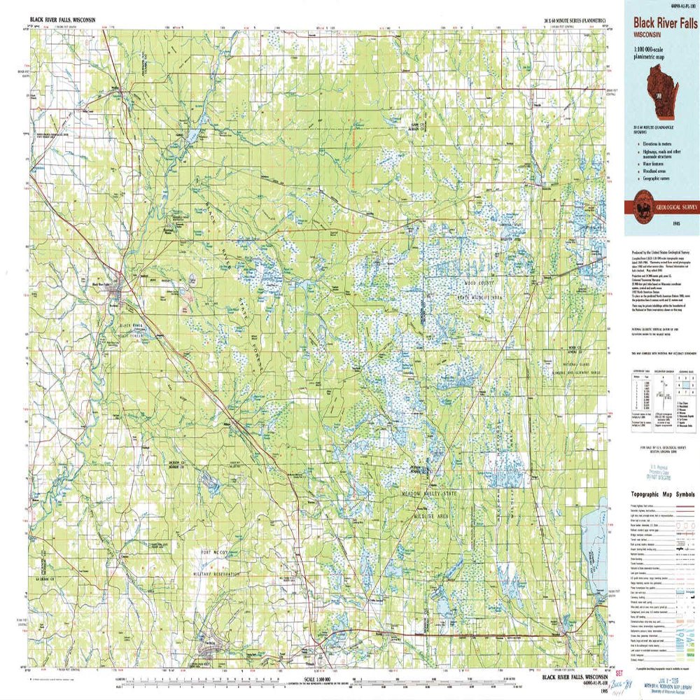 YellowMaps Black River Falls WI topo map, 1:100000 Scale, 30 X 60 Minute, Historical, 1985, Updated 1985, 24 x 38.11 in - Polypropylene