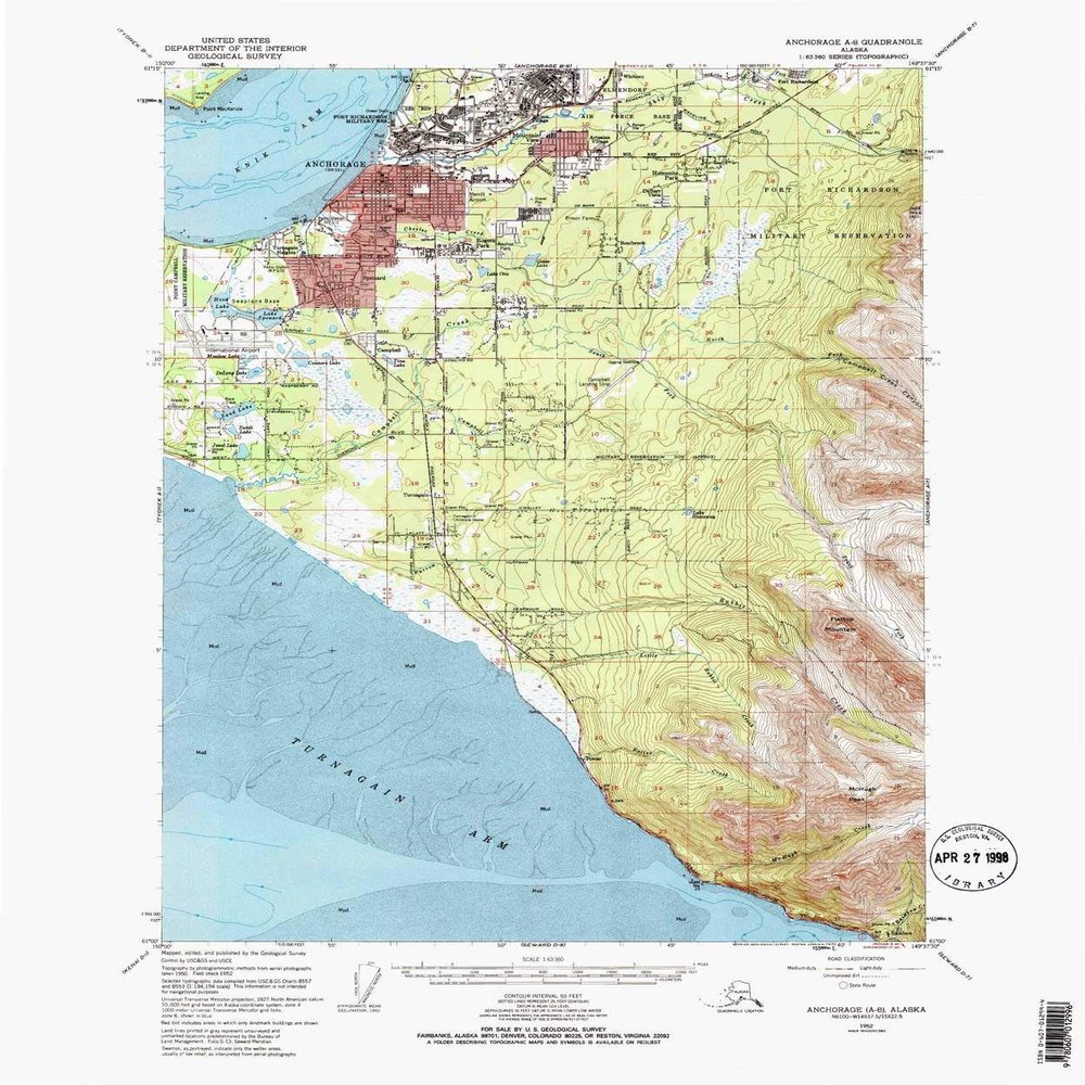 YellowMaps Anchorage A 8 AK topo map, 1:63360 Scale, 15 X 15 Minute, Historical, 1952, Updated 1970, 21.52 x 17.91 in - Tyvek