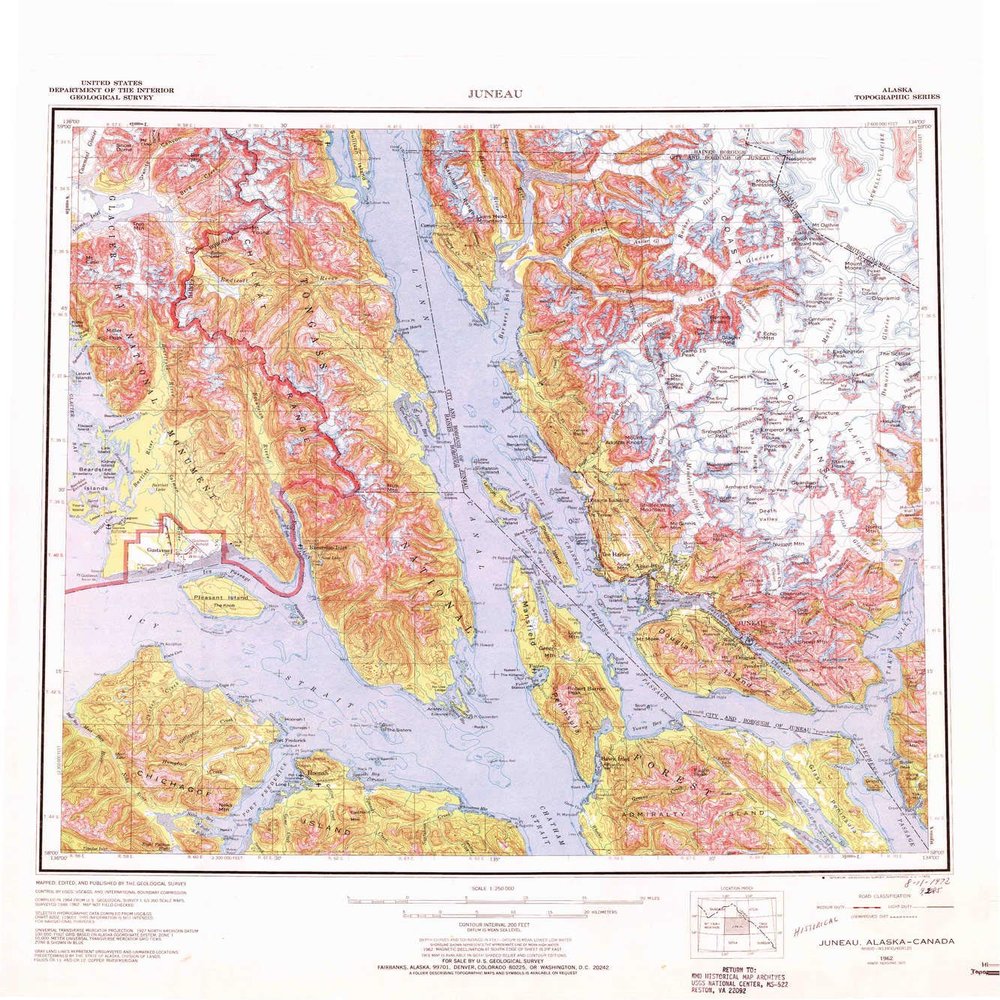 YellowMaps Juneau AK topo map, 1:250000 Scale, 1 X 2 Degree, Historical, 1962, Updated 1972, 24.2 x 21.5 in - Tyvek