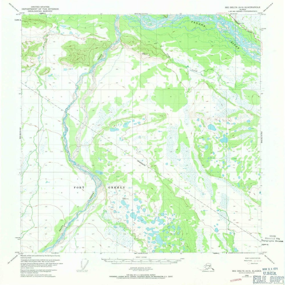 YellowMaps Big Delta A 5 AK topo map, 1:63360 Scale, 15 X 15 Minute, Historical, 1950, Updated 1971, 20.7 x 18 in - Polypropylene