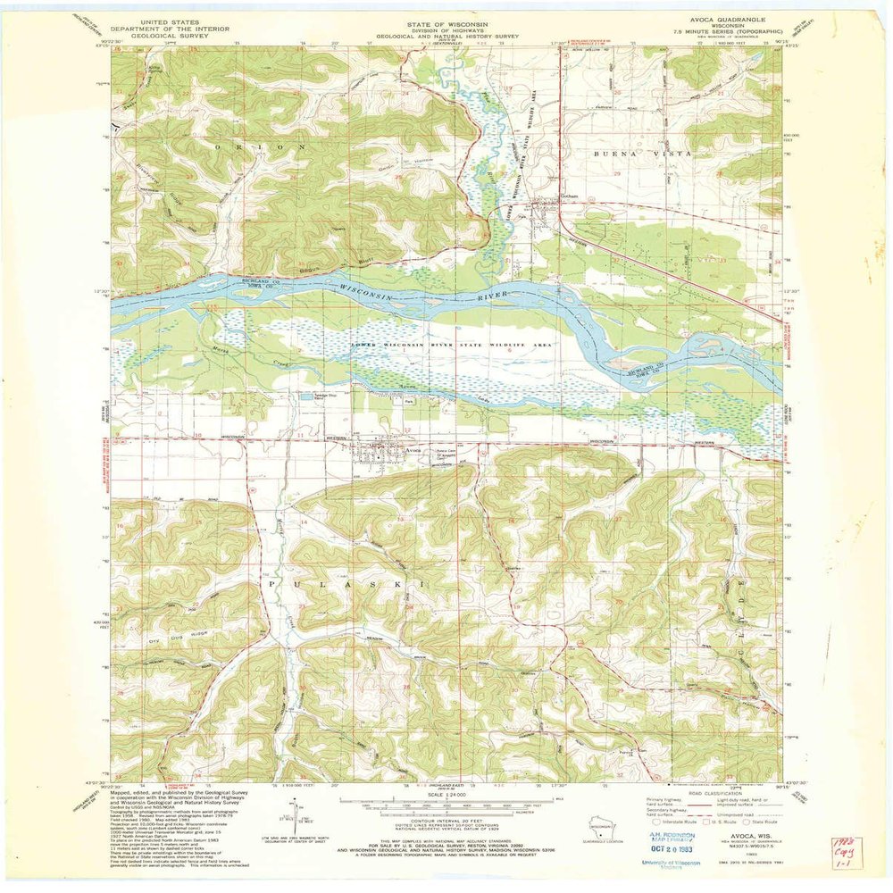 YellowMaps Avoca WI topo map, 1:24000 Scale, 7.5 X 7.5 Minute, Historical, 1983, Updated 1983, 27.61 x 22.15 in - Tyvek