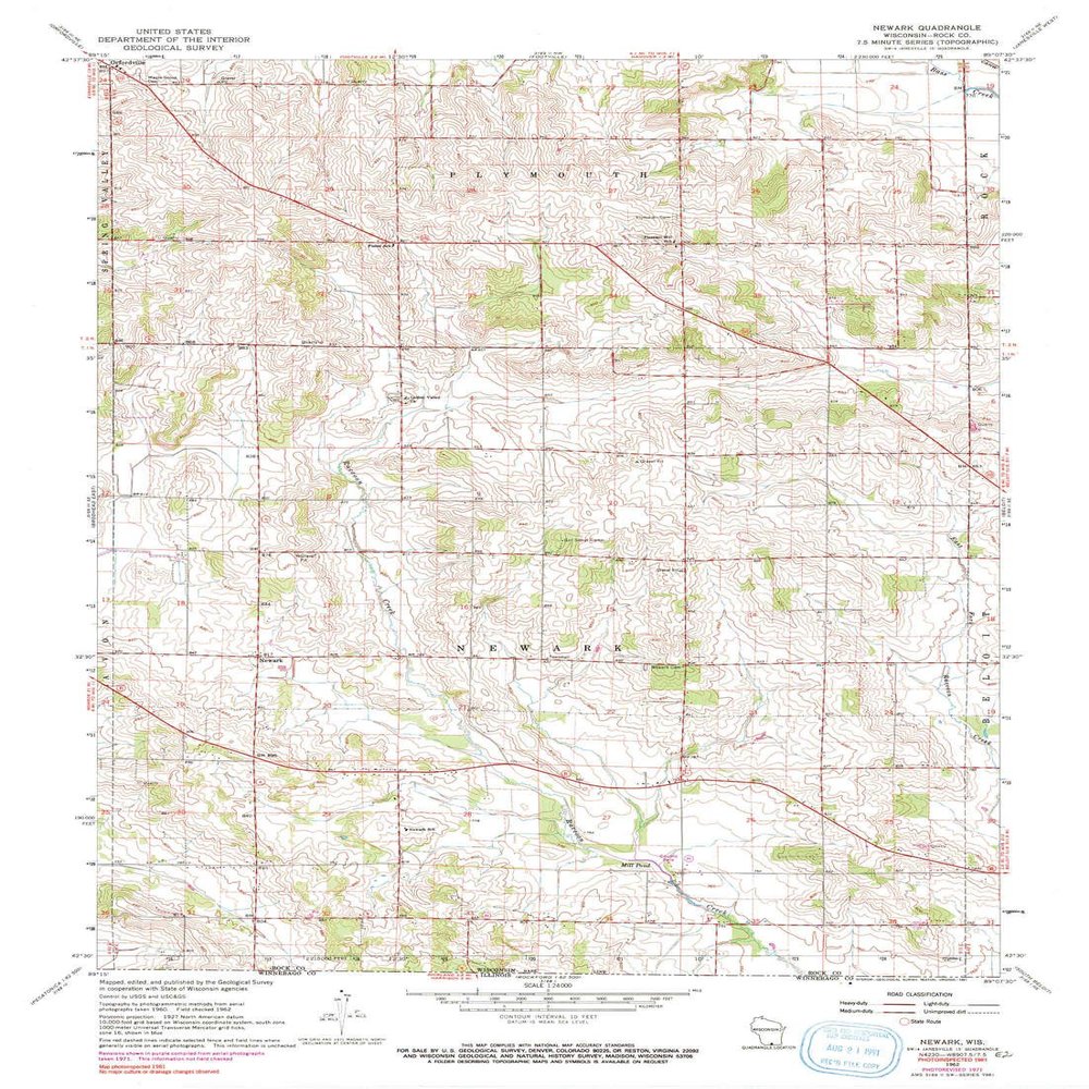 YellowMaps Newark WI topo map, 1:24000 Scale, 7.5 X 7.5 Minute, Historical, 1962, Updated 1991, 27.68 x 20.33 in - Polypropylene