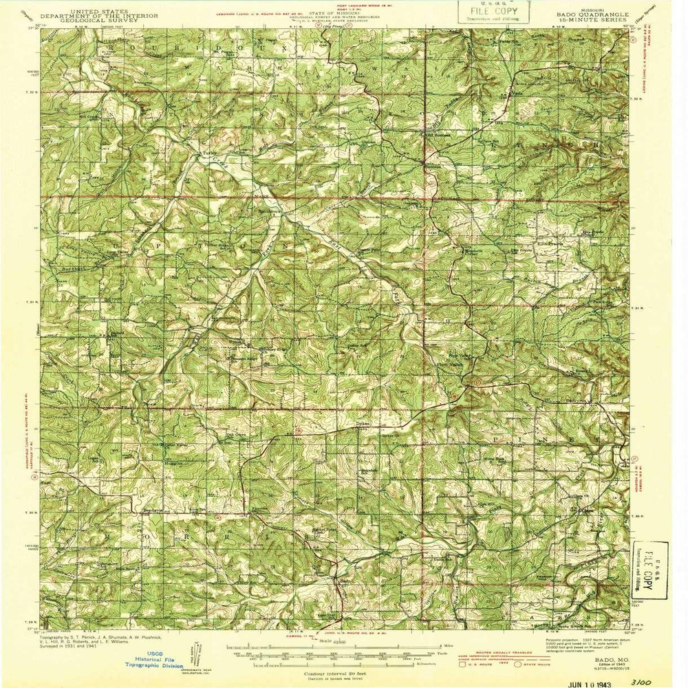 YellowMaps Bado MO topo map, 1:62500 Scale, 15 X 15 Minute, Historical, 1943, 20 x 16.2 in - Polypropylene
