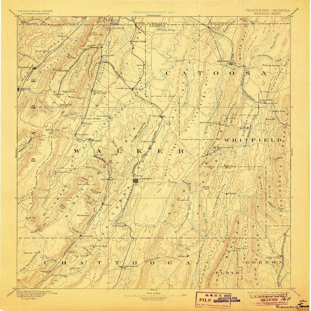 YellowMaps Ringgold GA topo map, 1:125000 Scale, 30 X 30 Minute, Historical, 1892, Updated 1906, 19.9 x 16.4 in - Tyvek