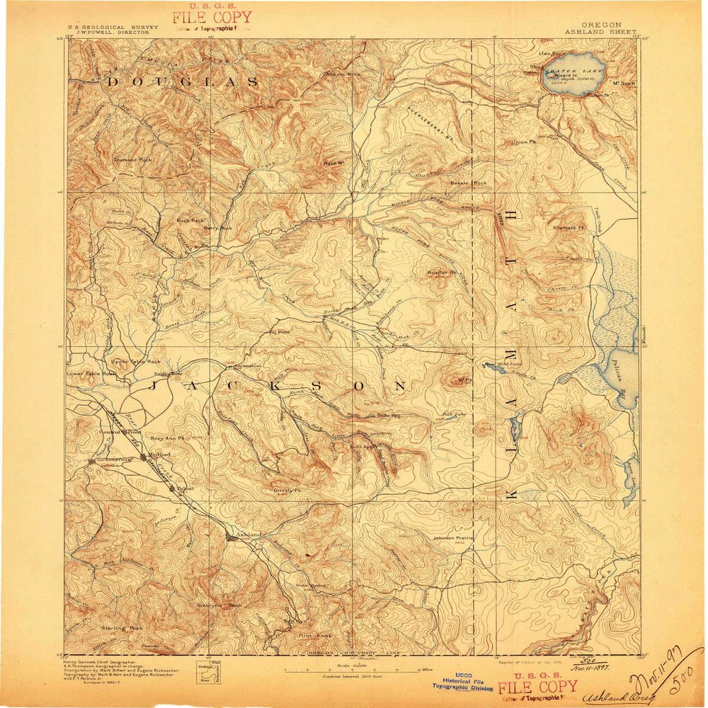 YellowMaps Ashland OR topo map, 1:250000 Scale, 1 X 1 Degree, Historical, 1893, Updated 1897, 20.1 x 16 in - Tyvek