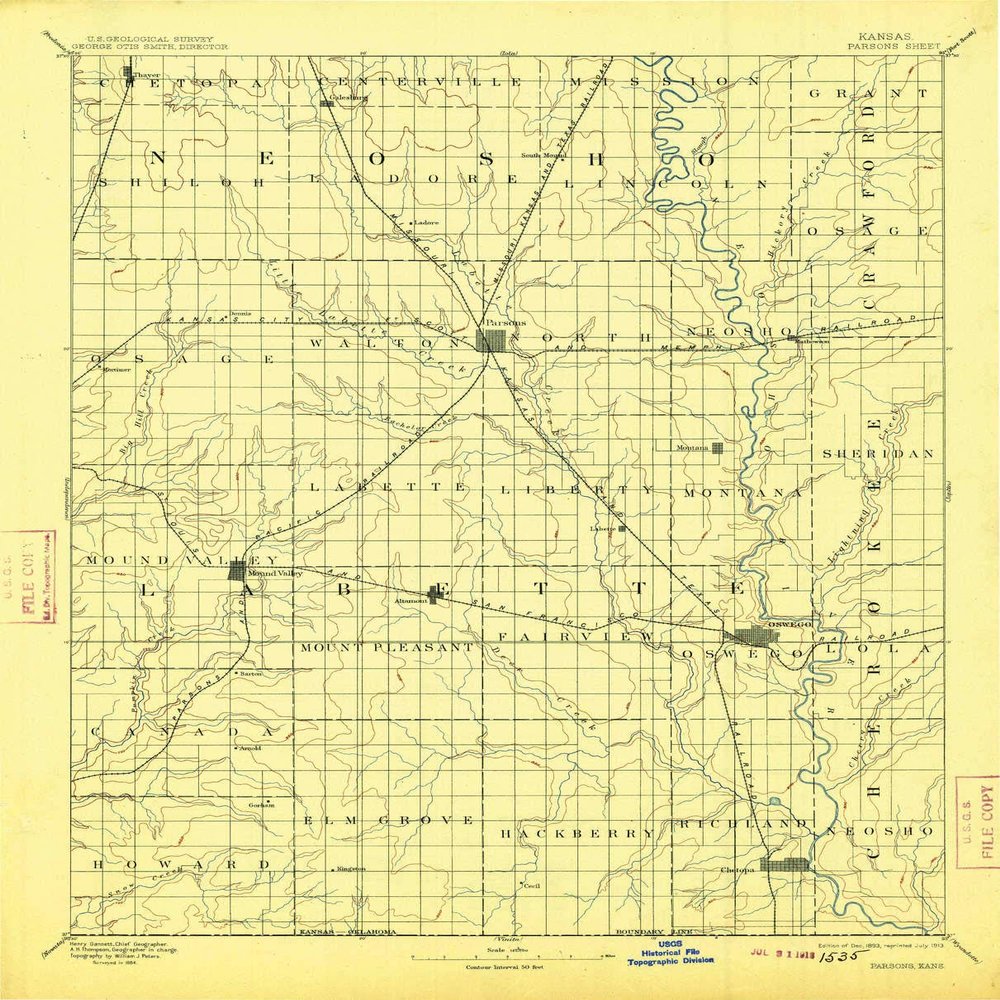 YellowMaps Parsons KS topo map, 1:125000 Scale, 30 X 30 Minute, Historical, 1893, Updated 1913, 19.86 x 16.04 in - Polypropylene