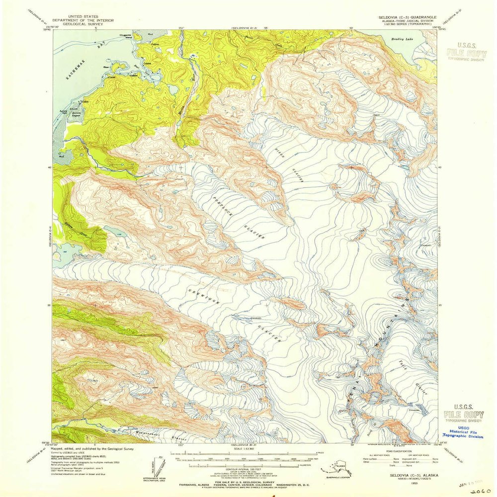 Seldovia C 3 AK topo map, 1:63360 Scale, 15 X 15 Minute, Historical, 1953, Updated 1954, 20.8 x 17 in - Polypropylene