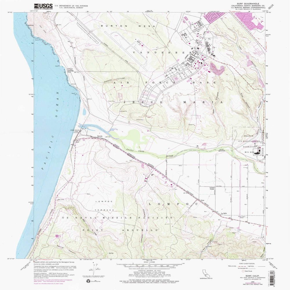 YellowMaps Surf CA topo map, 1:24000 Scale, 7.5 X 7.5 Minute, Historical, 1959, Updated 1977, 26.8 x 23.5 in - Tyvek