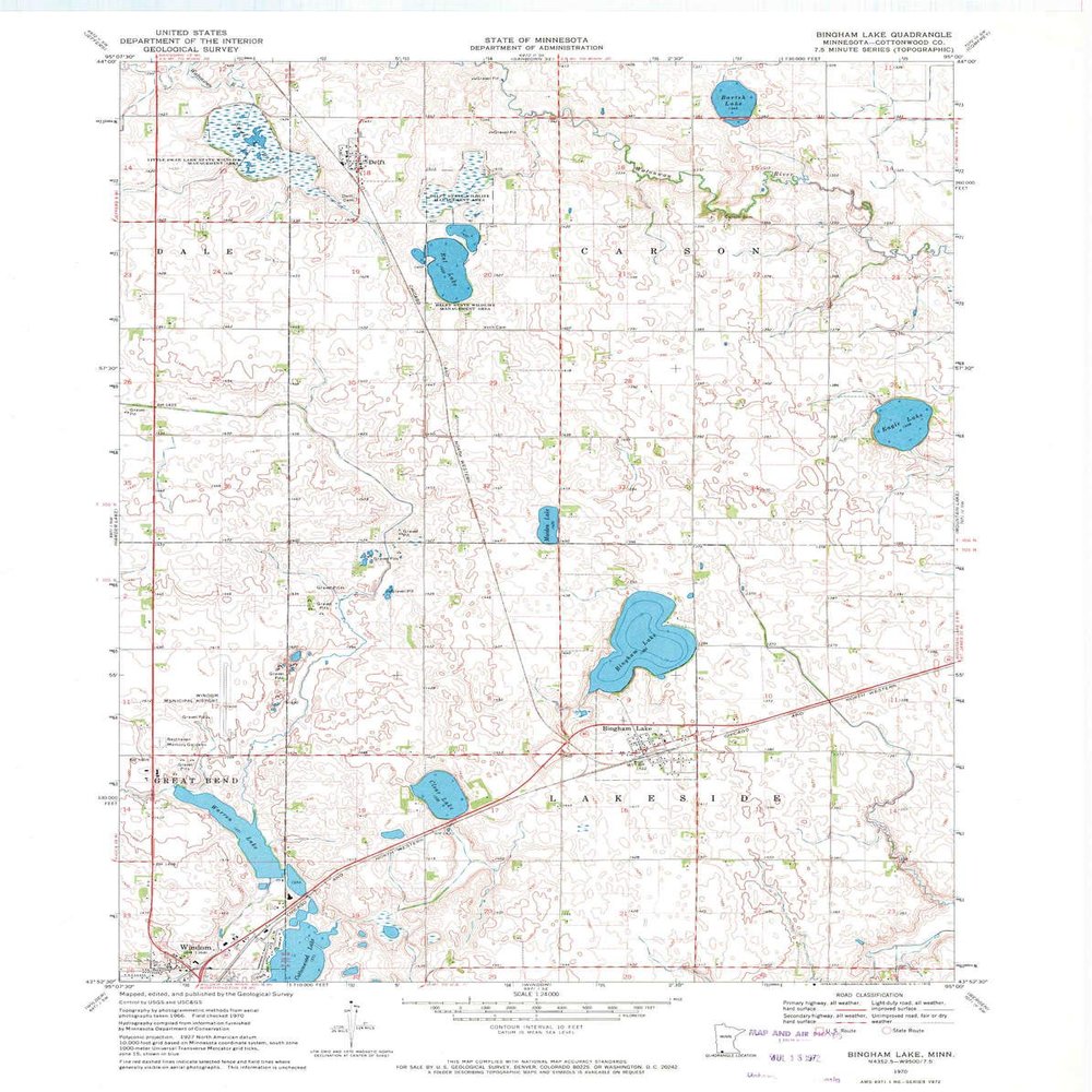YellowMaps Bingham Lake MN topo map, 1:24000 Scale, 7.5 X 7.5 Minute, Historical, 1970, Updated 1972, 27.23 x 21.53 in - Tyvek