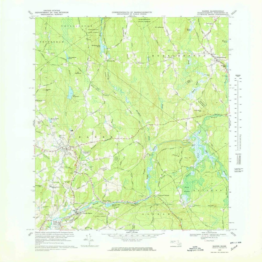 YellowMaps Barre MA topo map, 1:25000 Scale, 7.5 X 7.5 Minute, Historical, 1969, Updated 1978, 27 x 22 in - Tyvek