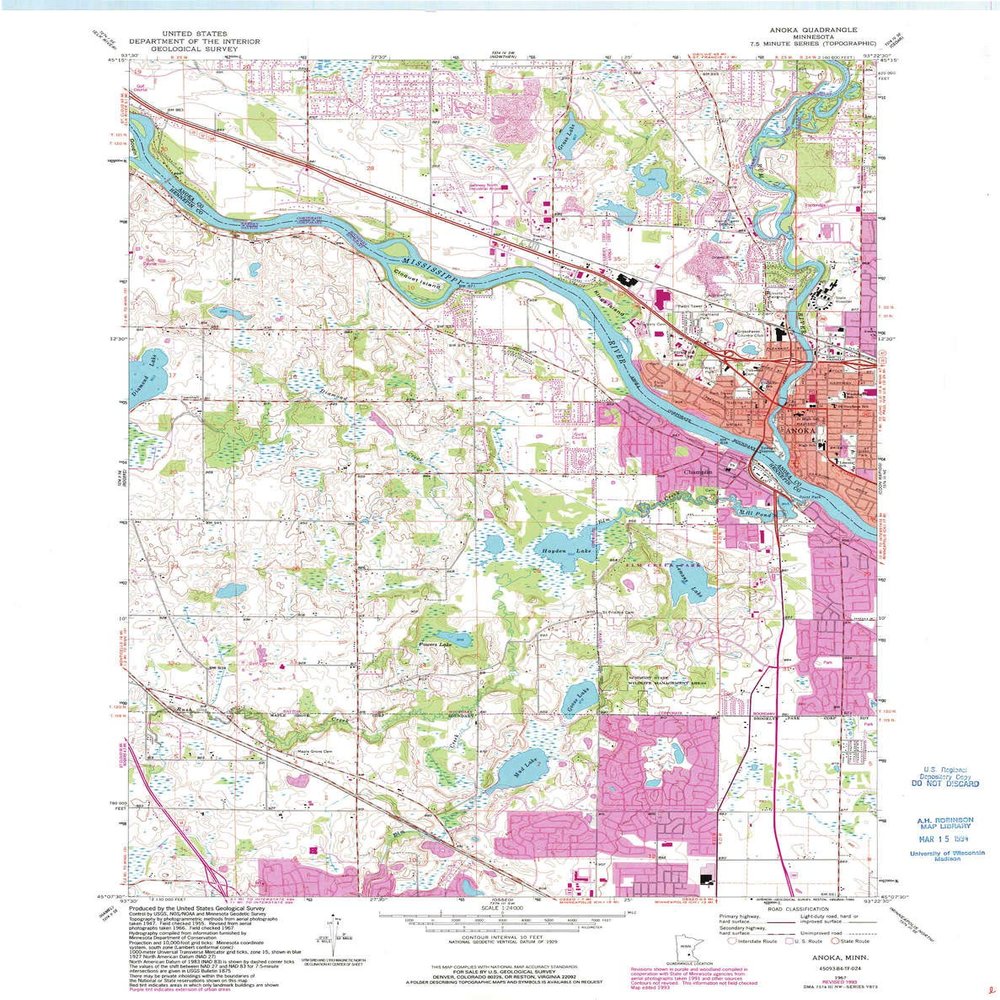 YellowMaps Anoka MN topo map, 1:24000 Scale, 7.5 X 7.5 Minute, Historical, 1967, Updated 1993, 27.23 x 21.53 in - Tyvek