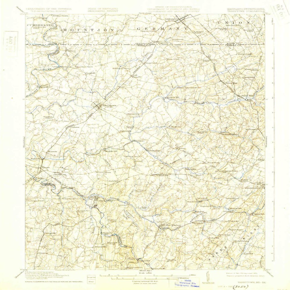 YellowMaps Taneytown MD topo map, 1:62500 Scale, 15 X 15 Minute, Historical, 1911, Updated 1925, 19.8 x 16.4 in - Tyvek