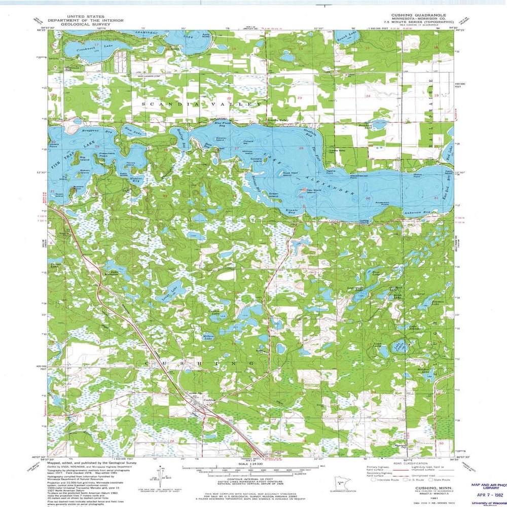 YellowMaps Cushing MN topo map, 1:24000 Scale, 7.5 X 7.5 Minute, Historical, 1981, Updated 1982, 27.23 x 21.53 in - Polypropylene