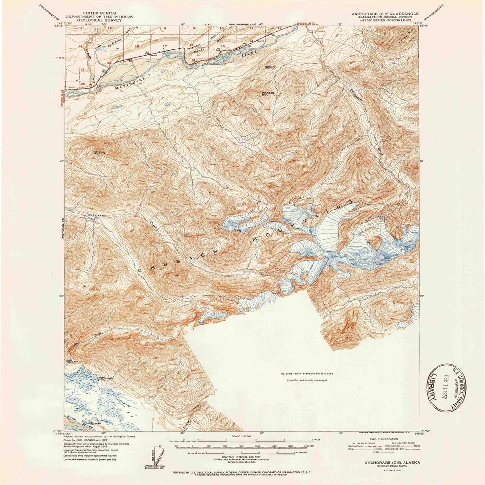 YellowMaps Anchorage C 5 AK topo map, 1:63360 Scale, 15 X 15 Minute, Historical, 1952, 20.71 x 16.9 in - Tyvek