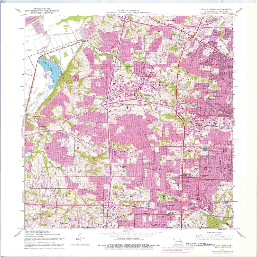 YellowMaps Creve Coeur MO topo map, 1:24000 Scale, 7.5 X 7.5 Minute, Historical, 1954, Updated 1976, 27.5 x 22 in - Polypropylene
