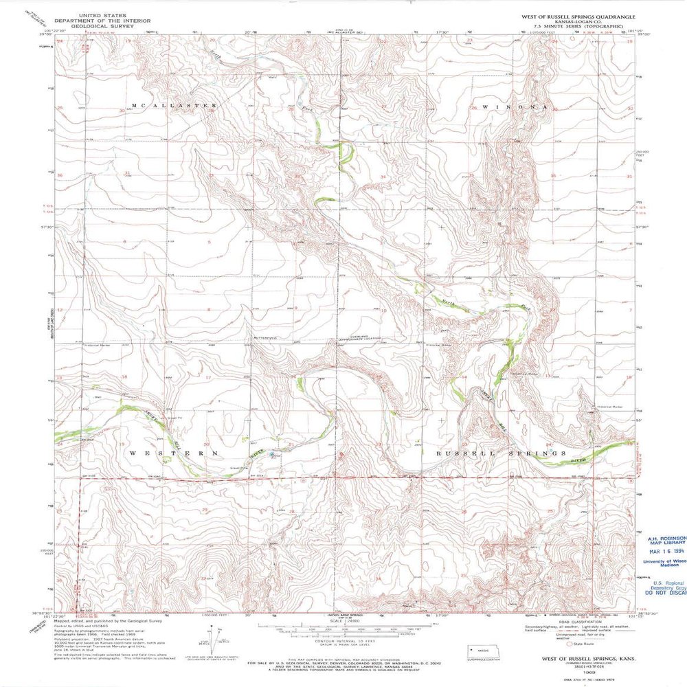 YellowMaps West of Russell Springs KS topo map, 1:24000 Scale, 7.5 X 7.5 Minute, Historical, 1969, Updated 1993, 27.01 x 21.04 in - Polypropylene