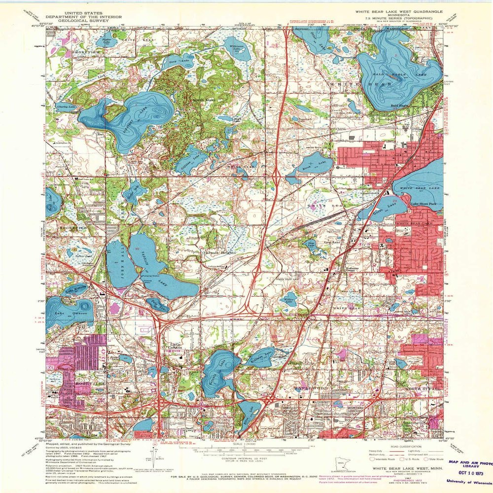 YellowMaps White Bear Lake West MN topo map, 1:24000 Scale, 7.5 X 7.5 Minute, Historical, 1967, Updated 1973, 27.23 x 21.53 in - Tyvek