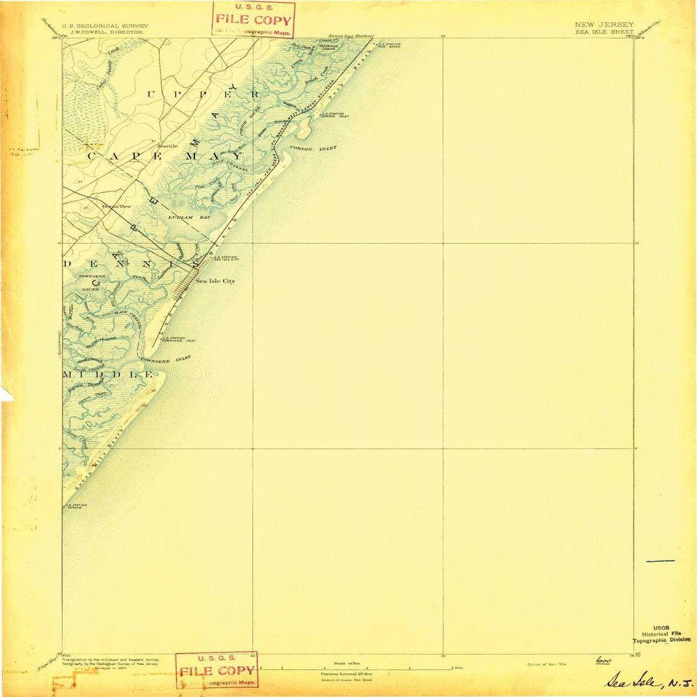 YellowMaps Sea Isle NJ topo map, 1:62500 Scale, 15 X 15 Minute, Historical, 1894, 19.7 x 16.6 in - Polypropylene