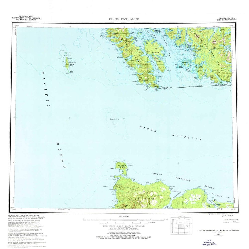 YellowMaps Dixon Entrance AK topo map, 1:250000 Scale, 1 X 2 Degree, Historical, 1959, Updated 1976, 24.2 x 23.4 in - Polypropylene