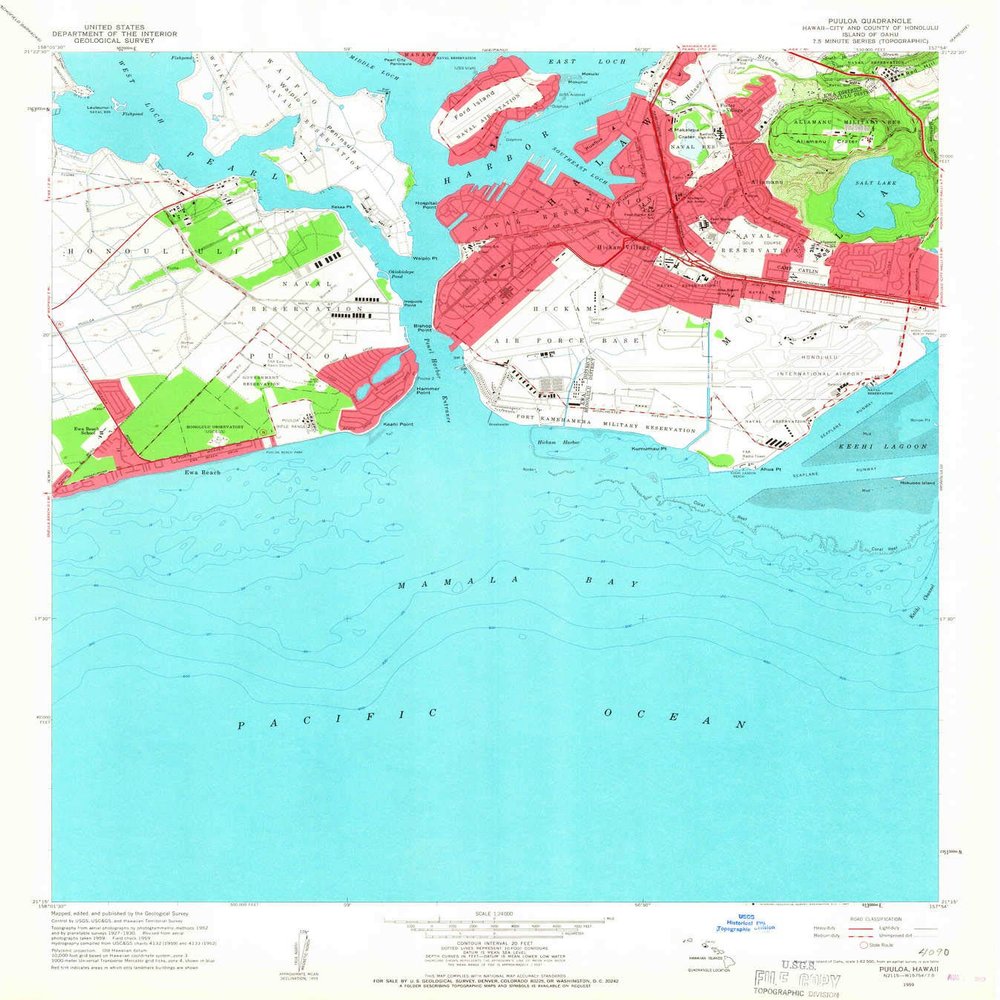 YellowMaps Puuloa HI topo map, 1:24000 Scale, 7.5 X 7.5 Minute, Historical, 1959, Updated 1967, 26.7 x 24 in - Polypropylene