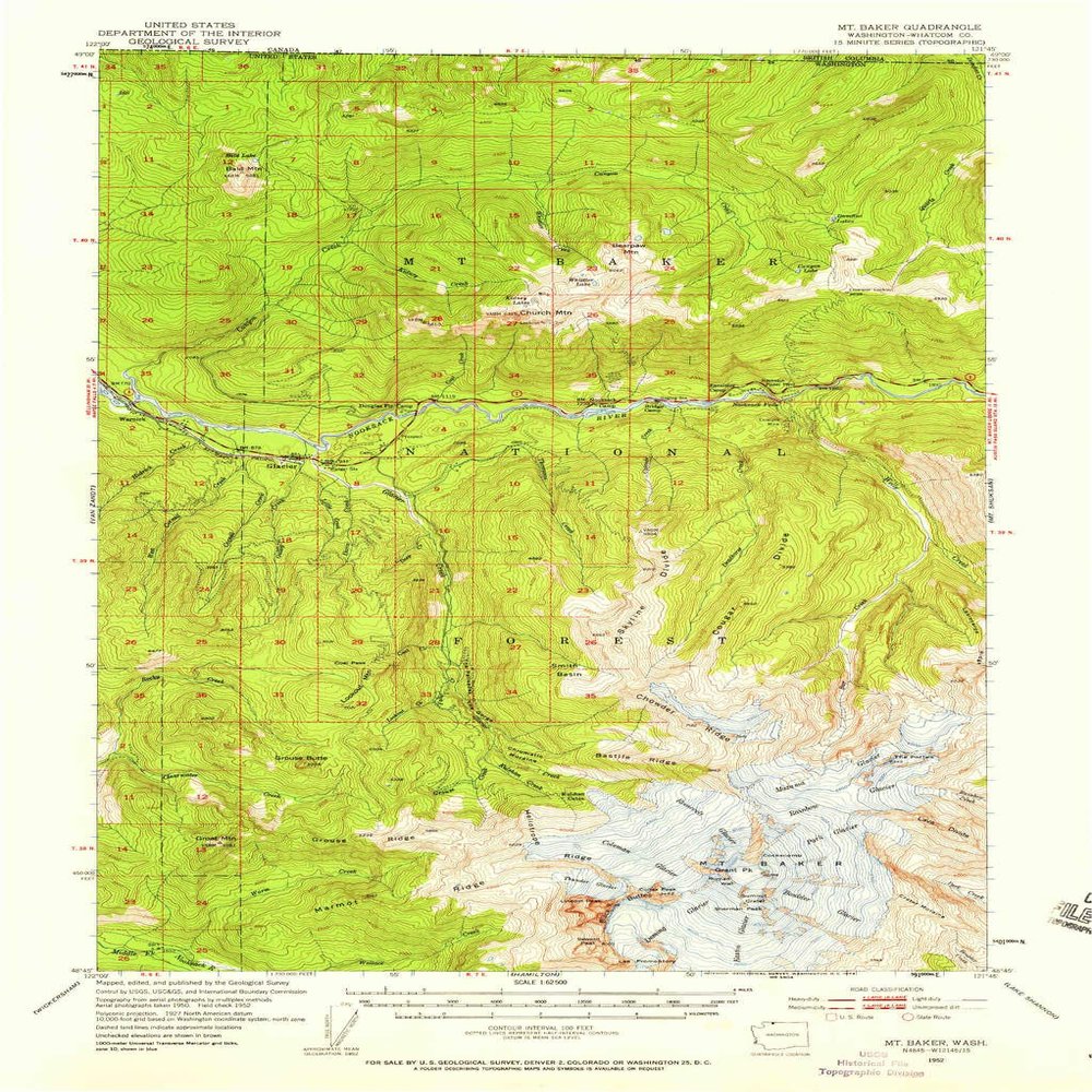 YellowMaps Mt Baker WA topo map, 1:62500 Scale, 15 X 15 Minute, Historical, 1952, Updated 1958, 20.9 x 14.2 in - Polypropylene