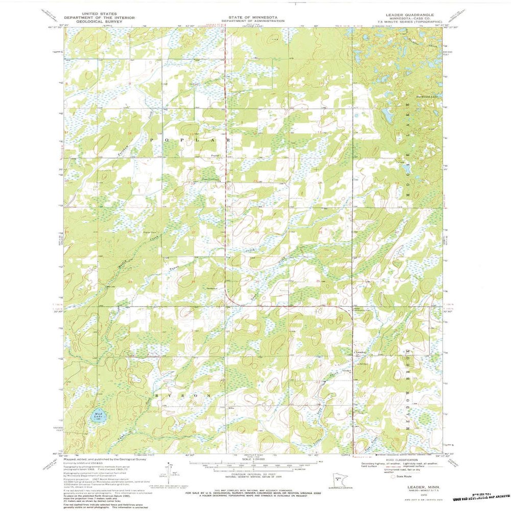 YellowMaps Leader MN topo map, 1:24000 Scale, 7.5 X 7.5 Minute, Historical, 1970, Updated 1984, 27.31 x 21.21 in - Polypropylene