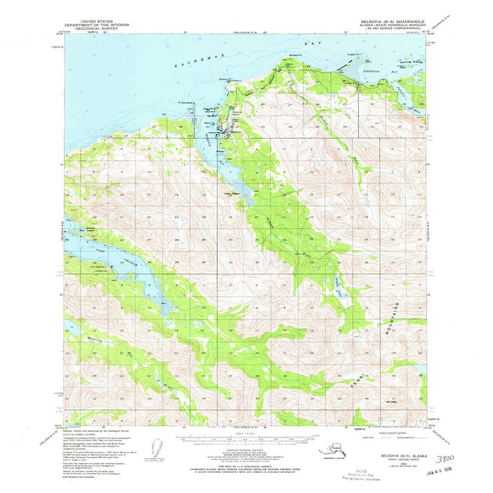 Seldovia B 5 AK topo map, 1:63360 Scale, 15 X 15 Minute, Historical, 1951, Updated 1977, 21.8 x 18 in - Polypropylene